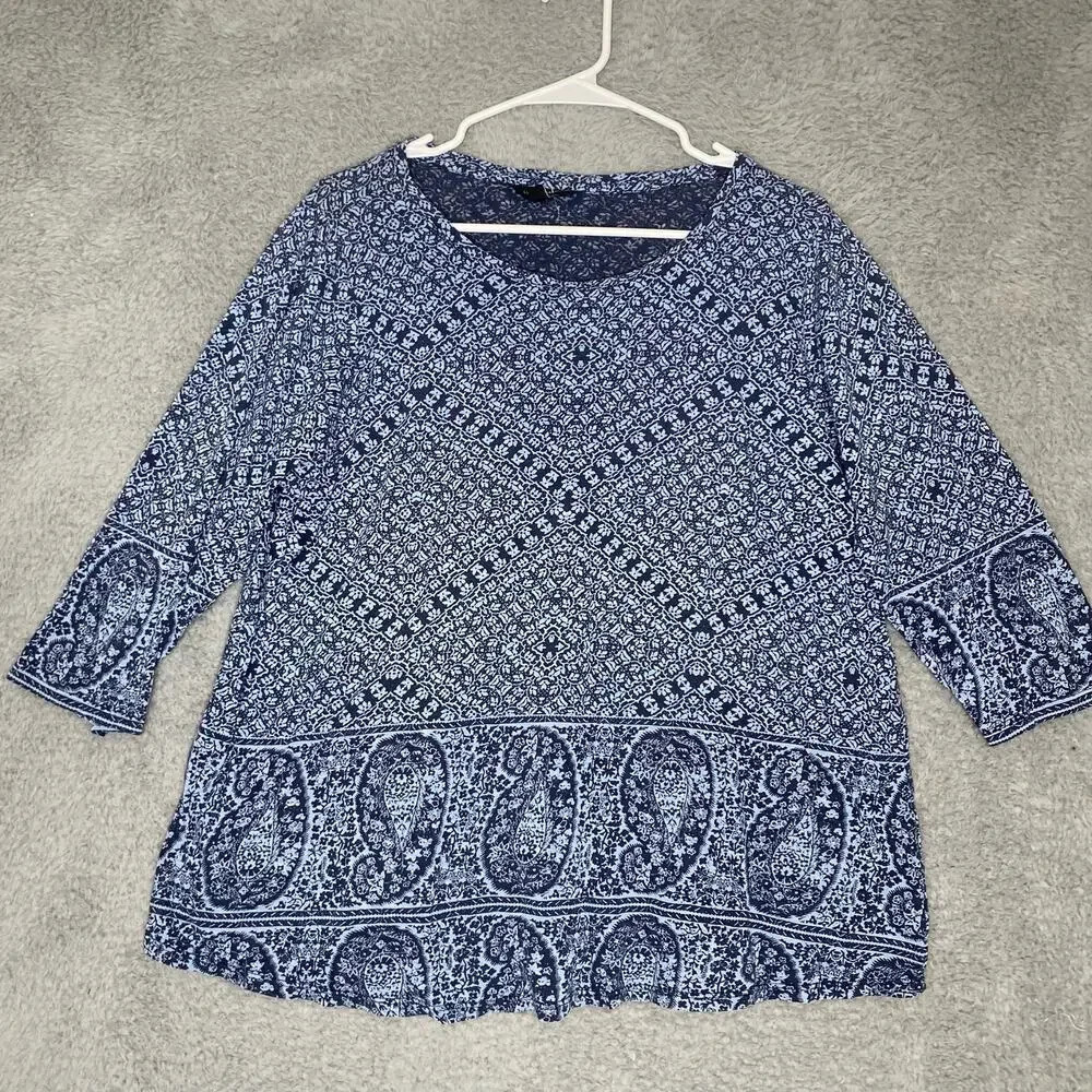 Lucky Brand womens 3/4 sleeve navy top boho all over pattern geometric casual 1X